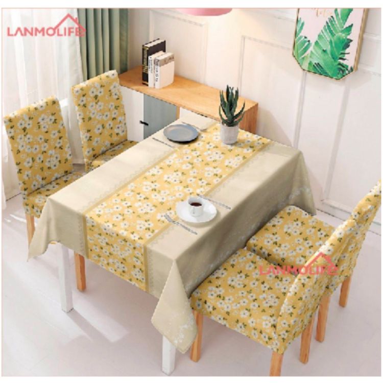 Ensemble de 6 housses de chaises + une nappe de table de salle à manger en polyester -  152cm × 228cm - Coloris Jaune et Beige