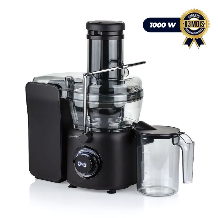 Extracteur de Jus Électrique Signature JE966 – Puissance 1000W – 2 Vitesses ajustables – Bouche large 65 mm – Filtre inox 360° – Récipient à jus 450 ml + collecteur de pulpe 1 L – Boîtier inox 304 durable – Idéal jus frais maison – Garantie 3 mois
