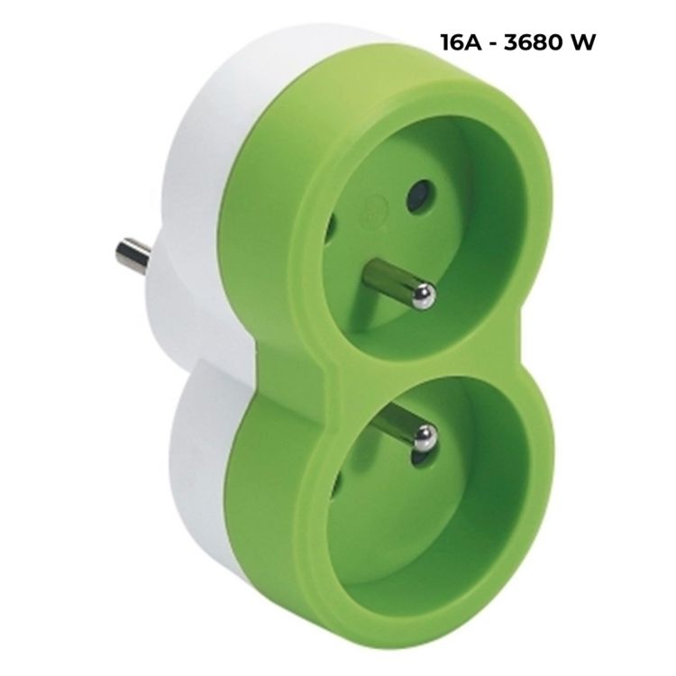 Fiche Multiprise Biplite 2P+T - Legrand 050501, 16A - 3680w, blanc vert, vue d'angle