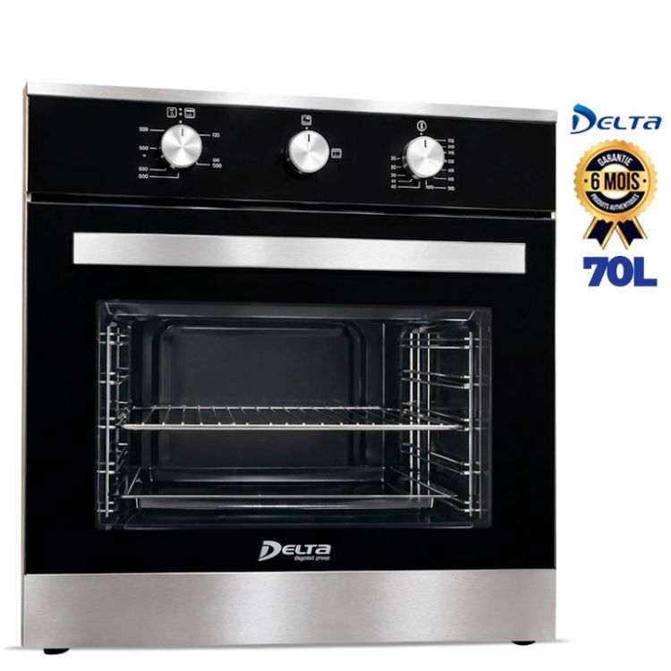 Four Encastrable Mixte (Gaz & Électrique) 70L - DELTA DL-IB-6060-OVEN - Chaleur Tournante - Inox & Verre Noir – Garantie 6 Mois