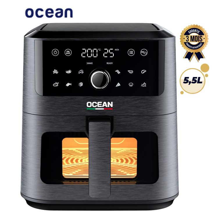 Airfryer digital OCEAN  5,5L, noir, 200°C, Minuterie 60min, 12 Programmes, Fenêtre de Cuisson, Panier Antiadhésif, prix Cameroun. 