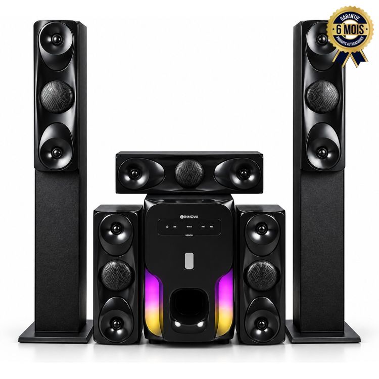 Home Cinéma INNOVA IN6505SPK - 5.1 Canaux - Caisson de Basses Amplifié avec Éclairage LED - 2 Colonnes 3 Voies sur Pied - 2 Satellites 3 Voies et Enceinte Centrale - Bluetooth, USB et Radio FM - Télécommande - Garantie 6 mois