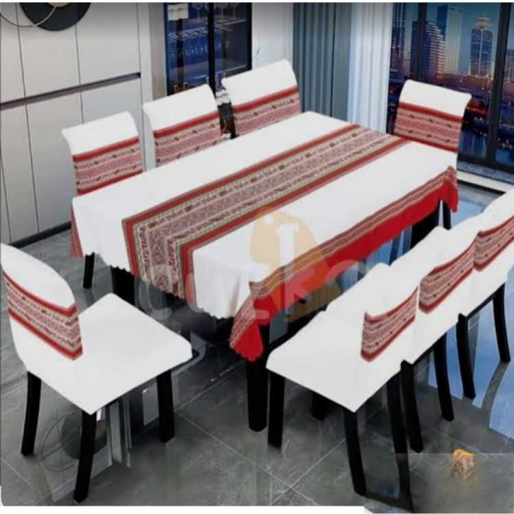 Ensemble de 6 housses de chaises + une nappe de table de salle à manger en polyester -  152cm × 228cm - Blanc et Rouge