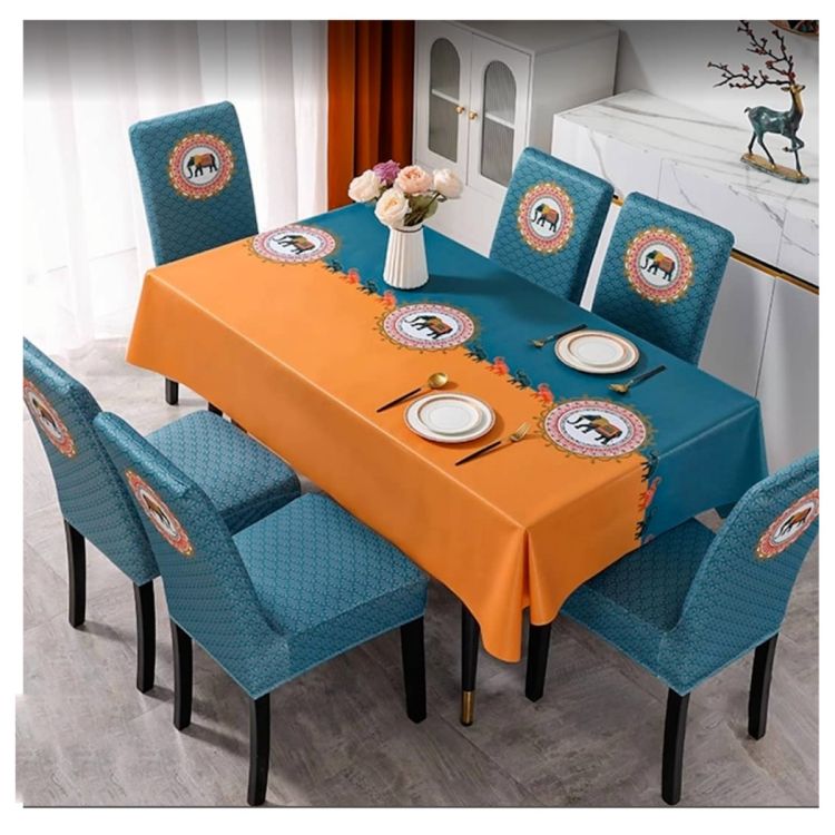 Ensemble de 6 housses de chaises + une nappe de table de salle à manger en polyester -  152cm × 228cm - Orange et Bleu