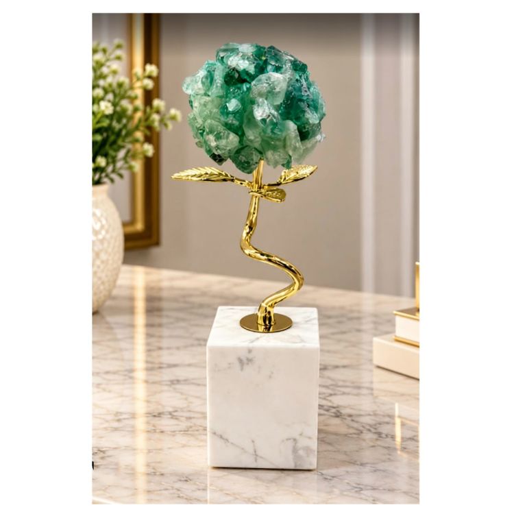 Décoration en Pierre Naturelle – YD263020 – Bouquet de Fleurs en Fluorite Verte avec Base en Marbre blanc et Tige en Laiton