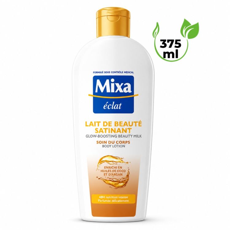 Lait de Beauté Satinant - Mixa Éclat - Soin du Corps aux Huiles de Coco et d'Argan - 375 ml