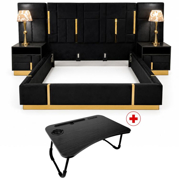 Lit à Panneaux 3 Places en Velours Noir (170x200x50 cm) + Table Pliante pour Ordinateur OFFERTE
