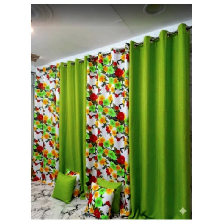 Lot de 4 Rideaux + 4 Housses de Coussin (2 Occultants Lourds + 2 Voilages Transparents Imprimés) – Vert Pomme / Floral Multicolore sur Fond Blanc