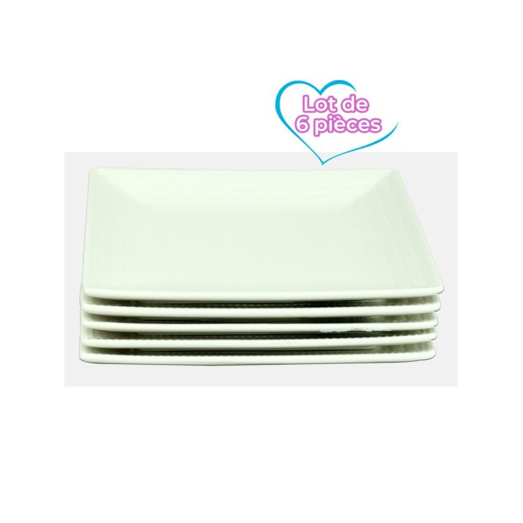 lot de 6 Grands plats Carrées en Porcelaine avec Bordure, blanc, prix Cameroun. 