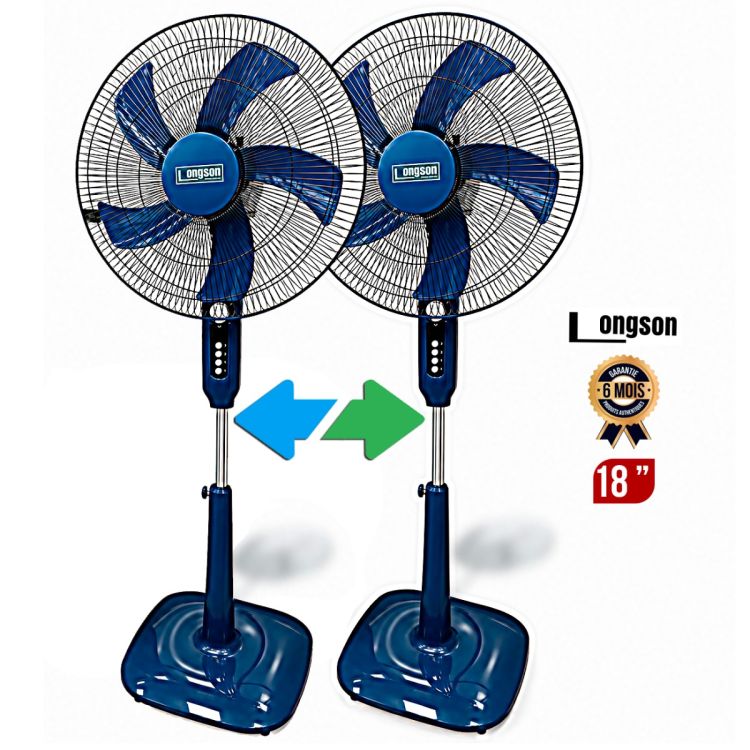 Lot de Deux Ventilateurs sur Pied - LONGSON LS-TJ005 - 18 Pouces - Hélice 5 Pales ABS - 3 Vitesses - Oscillation Automatique - Hauteur Réglable - Base Large Stabilisatrice - Bleu nuit - Garantie 6 mois