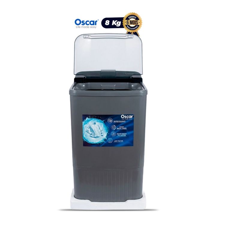 Machine à Laver Semi-Automatique OSCAR OSC-STB8 - 8 Kg - TOP LOAD (Chargement par le Haut) - Pulsateur Heavy Wash - Minuterie 15 Minutes - Corps Plastique Anti-Rouille - Filtre à peluches - Gris - Garantie 6 Mois