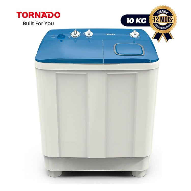 Machine à laver semi‑automatique TORNADO 10 Kg, blanc et bleu, garantie 6 mois, Prix Cameroun.