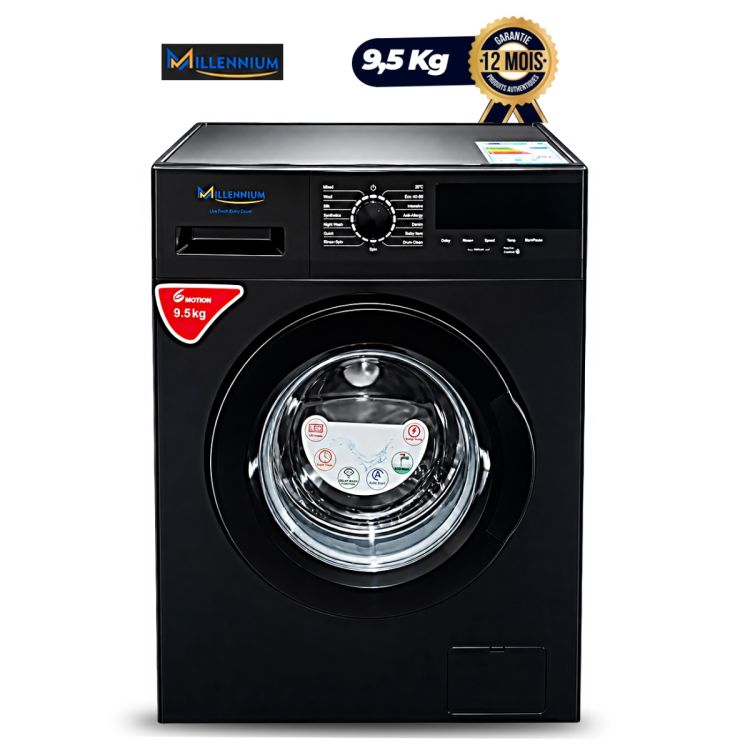 Machine à Laver  automatique MILLENNIUM - WM-FL9014BLC - 9,5 Kg - Chargement Frontal - Technologie 6 Motion - 1400 Tours/min - Classe A+++ - 195 kWh/an - 60 dB Lavage - 76 dB Essorage - Consommation Eau 10780 L/an - Noir - Garantie 12 Mois