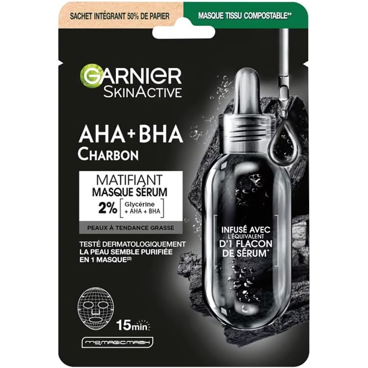 GARNIER Skin Active - Masque Tissu au Charbon Pur - Réducteur De Pores & Hydratant - Charbon Pur, Acide Hyaluronique, LHA & Algue Brune  - x1