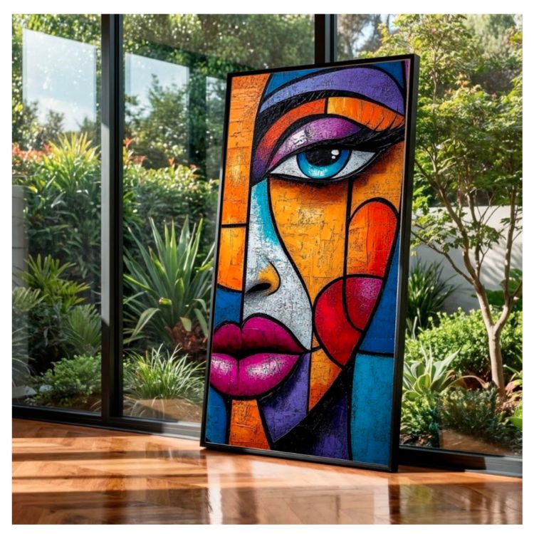 Tableau décoratif – Portrait cubiste coloré – Toile imprimée effet 3D – Cadre en bois massif