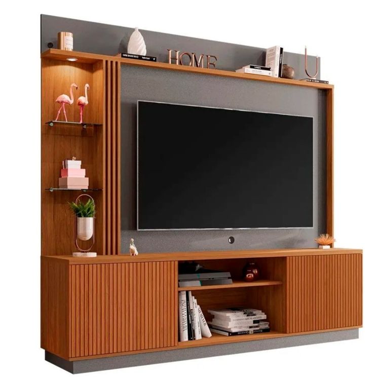 Meuble TV ATLANTA en bois – Jusqu'à 65 Pouces – 188 × 200 × 45,5 cm - Espaces de rangement intégrés - BA2075560 - Cannelle/Gris - Livré non monté