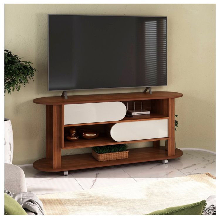 Meuble TV moderne bois et blanc, design scandinave ovale, 60 pouces, mobile sur roulettes, plusieurs étagères et niches, prix Cameroun. 