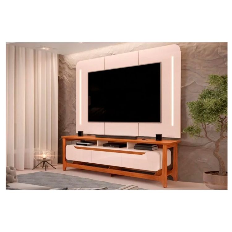 Meuble TV avec panneau mural et espace de rangement bas, blanc et bois, pour écran s75 pouces, prix Cameroun. 