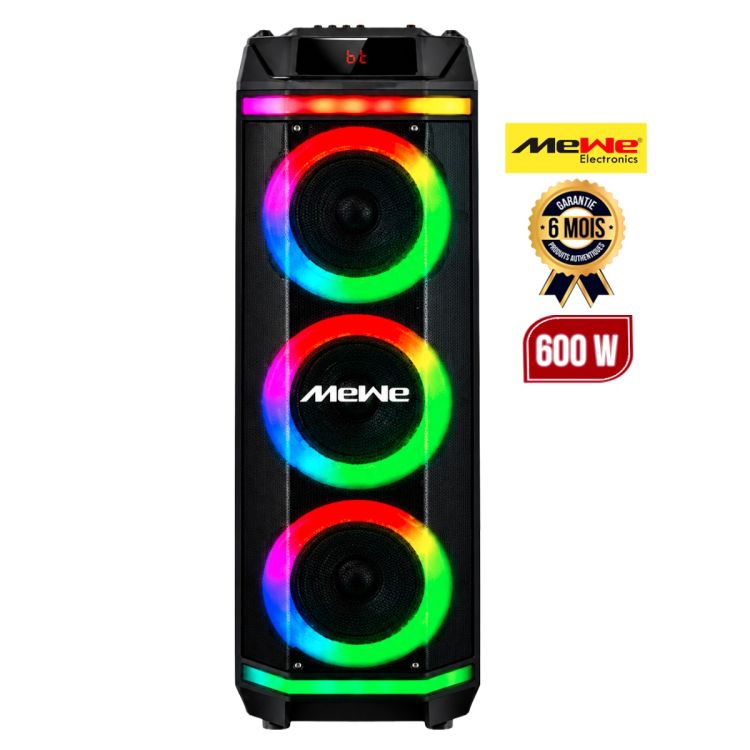 Enceinte de fête Bluetooth sans fil Rechargeable - MEWE MW-PTS8317 - 600 W PMPO - Colonne 3 Woofers 8 Pouces + Tweeter - Micro & Télécommande Inclus - Entrées Guitare, USB, TF et FM et AUX - Lumières LED RGB - Garantie 6 mois