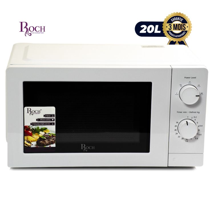 Micro-ondes ROCH 20 litres - RMW-20LM-A - 700 W - 5 niveaux de puissance - Commandes manuelles - Décongélation par poids et temps - Blanc - Garantie 3 mois