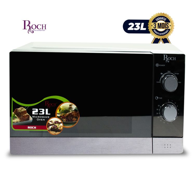 Micro-ondes ROCH 23 litres - RMW-23LP2M-B(S) - 800 W - 5 niveaux de puissance - Commandes manuelles - Fonction décongélation - Minuteur 35 minutes - Argent - Garantie 3 mois