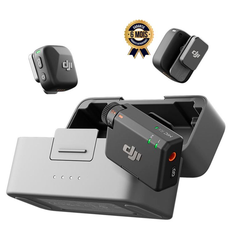 Microphone sans fil DJI Mic Mini 2 - Pack 2 émetteurs + 1 récepteur + boîtier de charge - Audio 48 kHz / 24-bit - 3 présets vocaux - Réduction de bruit IA 2 niveaux - Limiteur intégré anti-saturation - Gain 5 niveaux - Portée 400m 