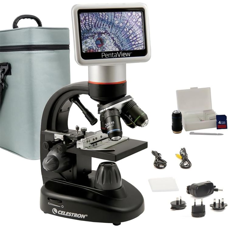 Microscope Biologique Numérique LCD - Celestron PentaView - Tactile 4,3 Pouces - 40x à 600x Optique - 2400x avec Zoom Numérique - 5 Objectifs Achromatiques - Capteur 5 MP - Sortie TV - Platine Mécanique - Double Éclairage LED - Mallette Rigide- Garantie 1