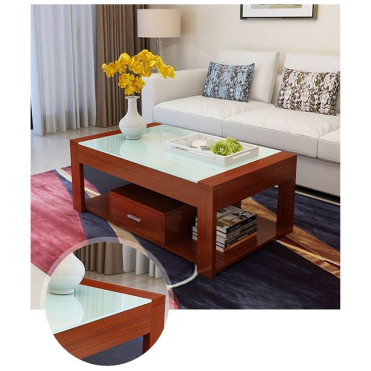 Table basse rectangulaire à 2 niveaux avec 1 tiroir - 120 x 60 x 40 cm - Solide et pratique - Surface en verre trempé blanc, structure en bois MDF, raccords métalliques - Marron foncé