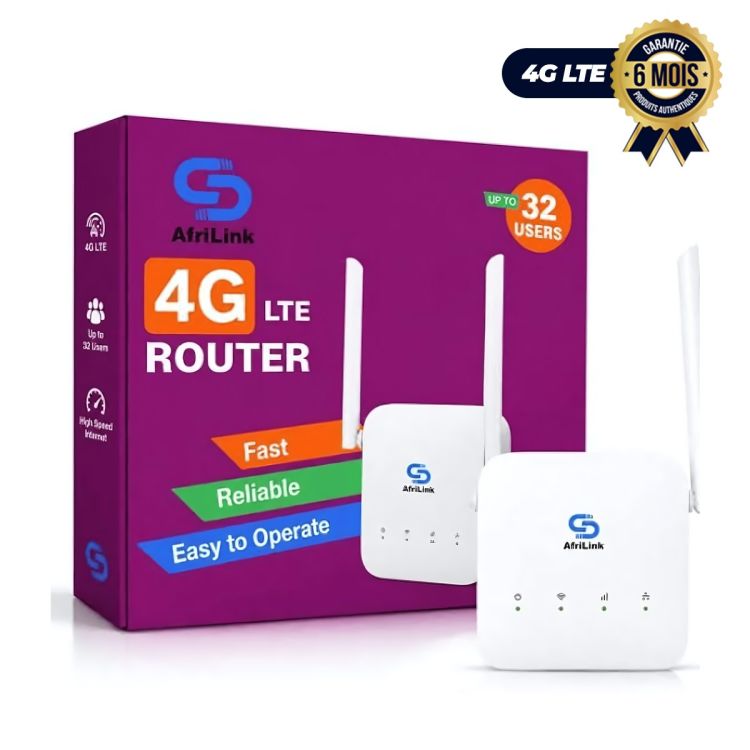 Modem Flybox 4G LTE - Afrilink - Wi-Fi 6 300 Mbps - Batterie de Secours 4000 mAh - Compatible MTN Orange Camtel - 32 Utilisateurs - Port Nano-SIM - Garantie 6 mois