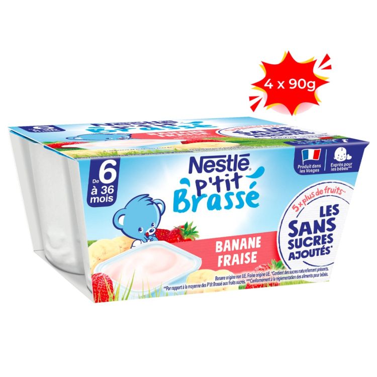 Nestlé P'tit Brassé Banane Fraise - 4 x 90g - Sans sucres ajoutés - Dessert pour bébés dès 6 mois