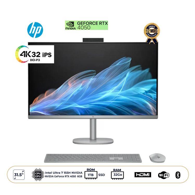 Ordinateur All-in-One - HP OmniStudio X - Écran 31,5 pouces UHD 4K - Intel Ultra 7 155H - RTX 4050 6 Go - 32 Go DDR5 - SSD 1 To - Wi-Fi 6 - Clavier et Souris Sans Fil - Garantie 12 Mois - Livré sous 3 à 5 jours