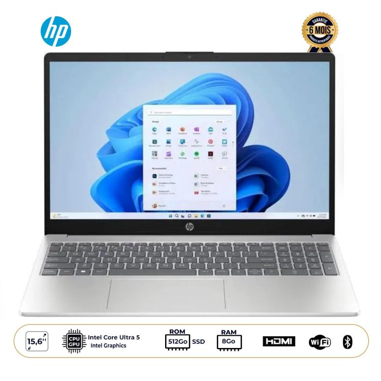 Ordinateur Portable - HP - 15 FD - 15.6 tactile, gris, Intel Core 5 120U, 8 Go DDR5 RAM, 512 Go SSD, garantie 6 mois, prix Cameroun. 