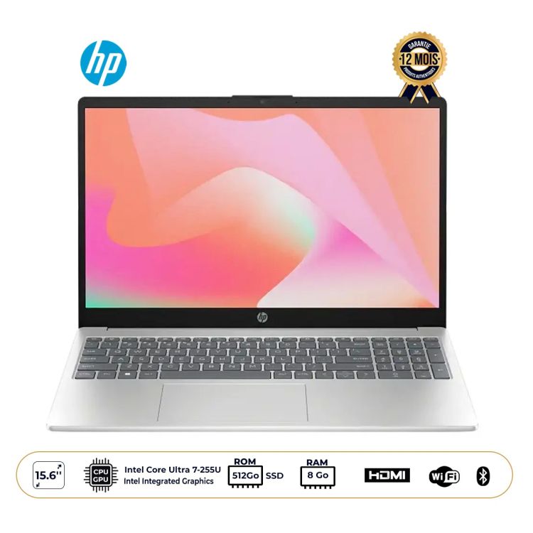 Ordinateur Portable - HP 15-FD -  512 Go SSD - 8 Go RAM DDR5 - Écran 15.6" FHD - Intel Core Ultra 7-255U - QWERTY - FreeDos - Gris - Garantie 12 mois