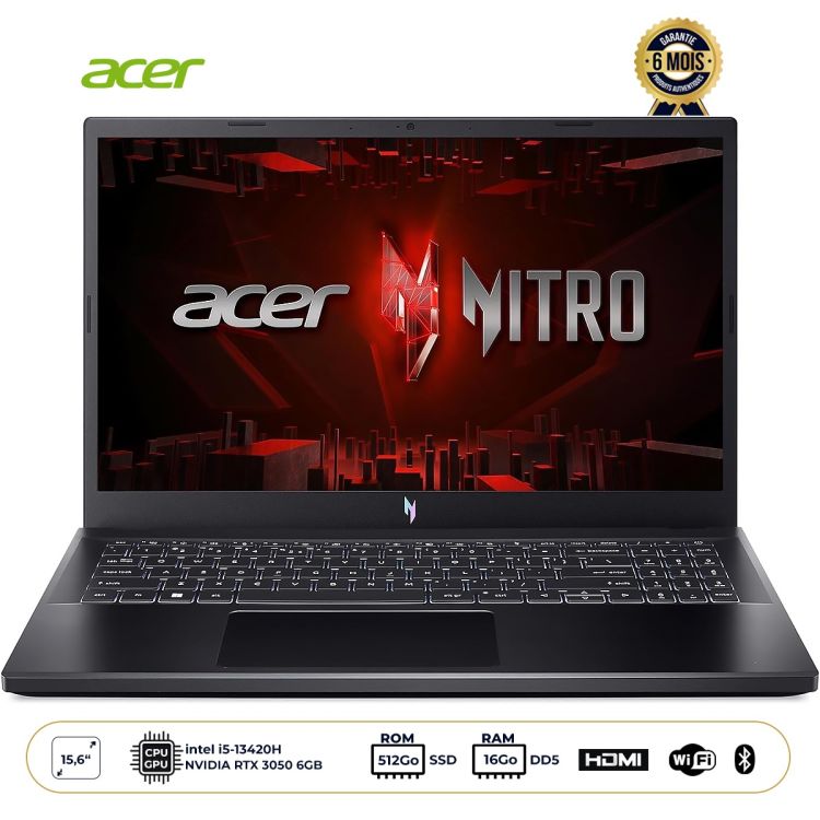 Ordinateur Portable Gaming-  Acer Nitro V15 - 15.6" FHD 165Hz - Core i5-13420H - 16GB RAM DDR5 - 512GB SSD - RTX 3050 6GB - Garantie 6 mois