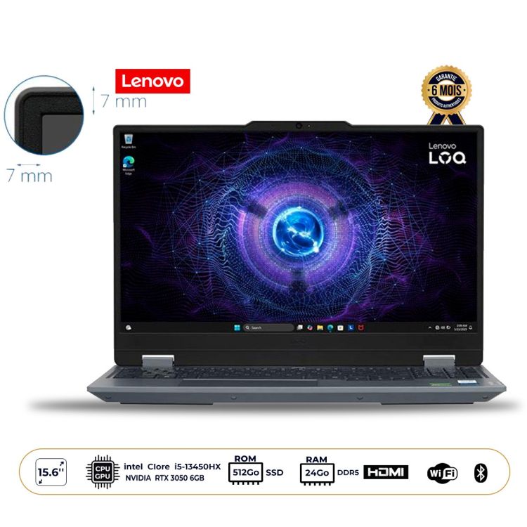 Ordinateur Portable Gaming Lenovo - LOQ 15IRX9 - Ecran 15.6" FHD 144Hz - Intel Core i5-13450HX - NVIDIA RTX 3050 6GB - 24GB RAM DDR5 - 512GB SSD - Clavier AZERTY - FreeDos