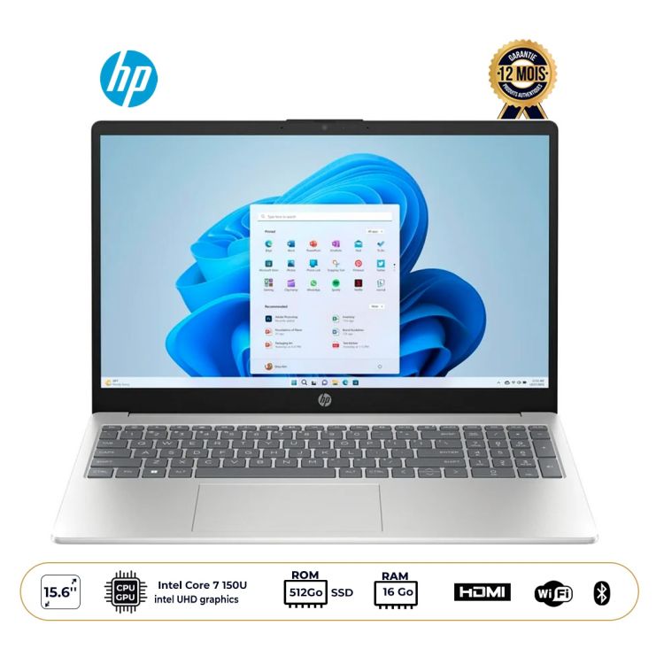 Ordinateur Portable HP 15-FD - 512 Go SSD - 16 Go RAM DDR5 - Écran 15.6" FHD Tactile - Intel Core 7 150U - Qwerty - Windows 11 - Silver - Garantie 12 Mois