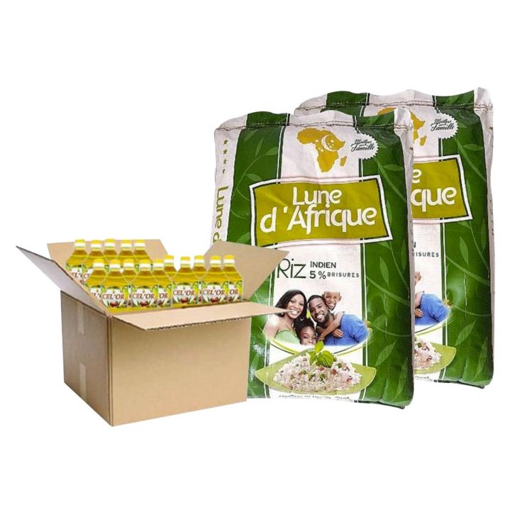 Pack de 2 Sacs Riz indien 5% Brisure Lune D'Afrique 25Kg + Carton de 15 Bouteilles Huile Extra Raffinée Cel'or | Glotelho Cameroun