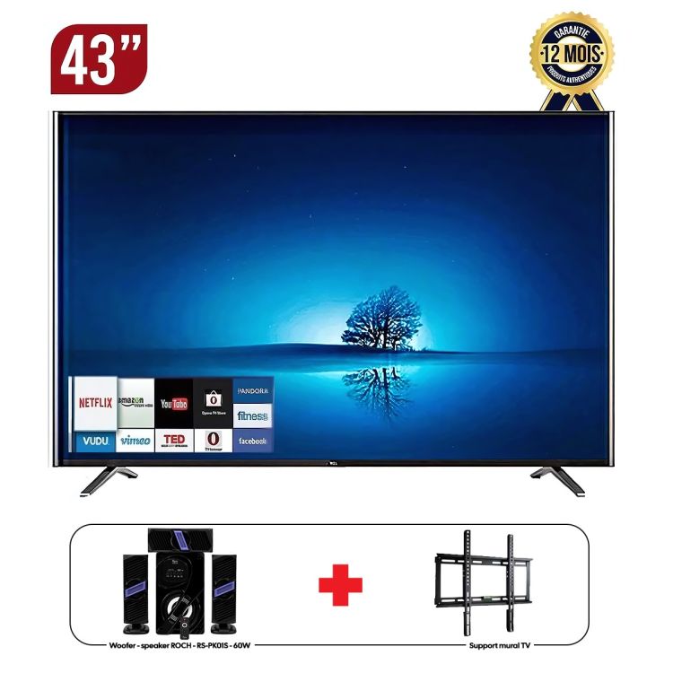 Pack Home Cinéma Roch - Smart TV 43" Android - Wi-Fi + Support Murale (dans le carton) + Woofer Speaker Bluetooth 60W - USB - Radio FM - Garantie 6 mois