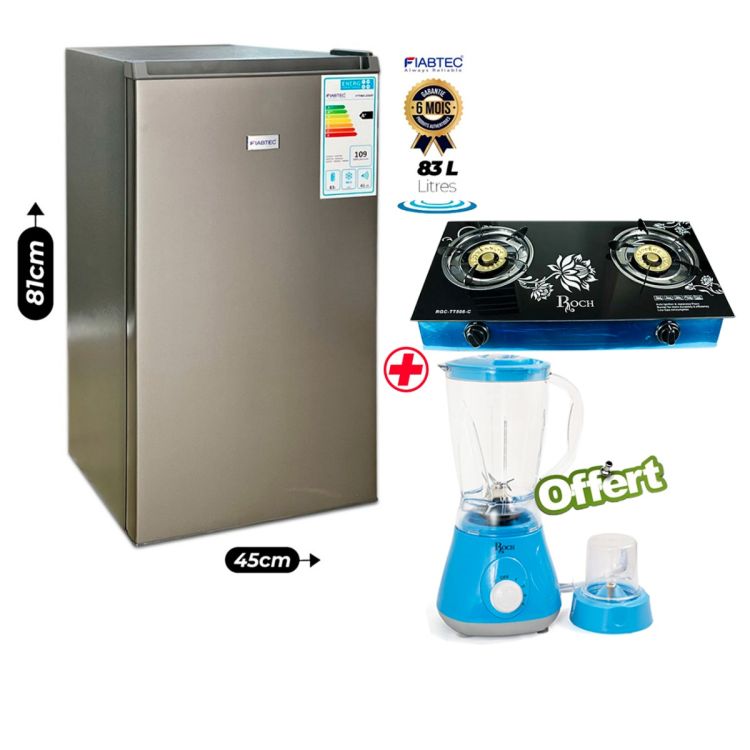 Pack Électroménager - Mini Réfrigérateur 83L - Plaque à gaz vitrée 2 feux RGC-TT506-C - Blender 2 en 1 500W - Garantie 03 Mois