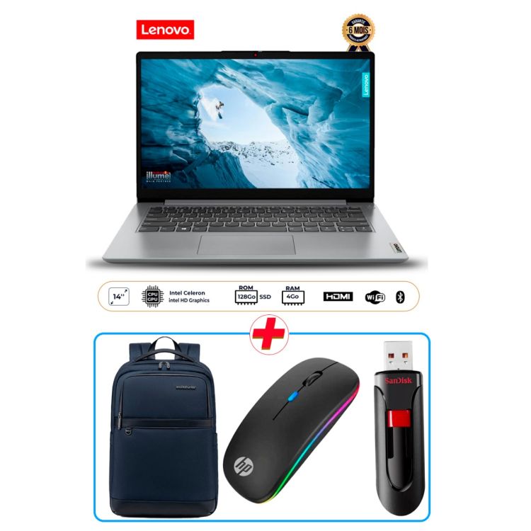 Pack Ordinateur portable Lenovo – IdeaPad 1 14IJL7 – 128 GB SSD / RAM 4GB - Écran 14’’  – Intel Celeron – WiFi 6 – Windows 11  +  Sac à dos pour laptop Wepower  + Clé USB SanDisk 128 GB  +  Souris sans fil rechargeable HP