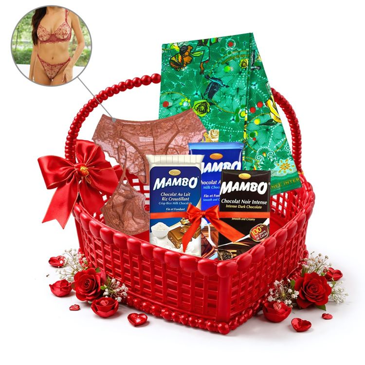 Pack Saint-Valentin - Pour Toi Mon Coeur - Pagne officiel du 08 Mars 2026 + Ensemble lingerie + Coffret mambo