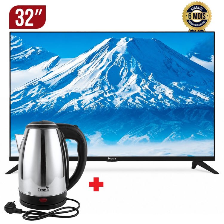 Pack TV Smart ICONA 32" LED - A320AS - Avec Wi-Fi, YouTube, Netflix, HDMI et USB - Sans bordures + Bouilloire Électrique 2 L - ICONA LONDON ILK-200SSB