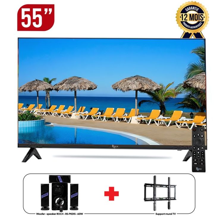 Pack TV Smart ROCH 55 pouces - RH-LE55S-C-4K- ANDROID- UHD - DVB T2, S2 + Support Mural intégré Noir + Woofer - speaker ROCH - RS-PK01S - 60W - Bluetooth/USB - Radio FM - Garantie 6 mois