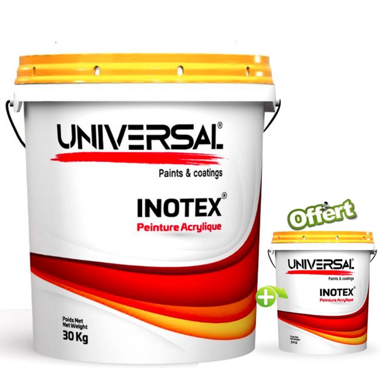 Peinture acrylique INOTEX universal – 30KG Mate intérieur/extérieur aux copolymères en dispersion aqueuse  – Blancheur éclatante + 1 Pot 5KG Offert 