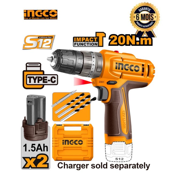 Perceuse sans fil prix en fcfa- INGCO CDLI12202 - 12V - 1.5Ah - Port USB Type-C - 6 Mois | Glotelho Cameroun