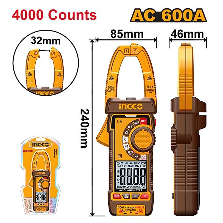 Pince ampèremétrique numérique AC 600 A INGCO DCM66001