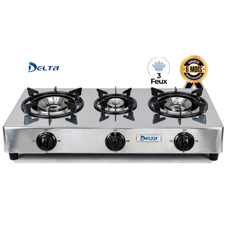 Plaque à Gaz 3 Feux - DELTA DL-GAS-3INOX - Corps Inox - Brûleurs Renforcés - Manettes Robustes - Pieds Antidérapants - Haute Efficacité - Garantie 6 mois