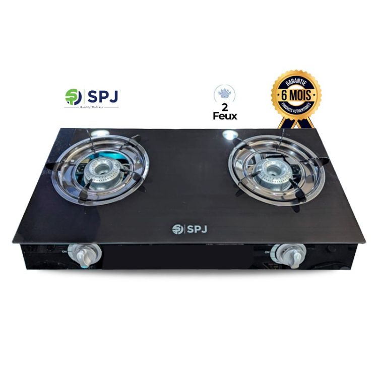 Plaque à Gaz 2 Feux SPJ TT-SSX2001 – Surface Verre Trempé – Brûleurs Double Couronne 90 mm – Allumage  Automatique – Grilles Fonte Émaillée – Pression 2800 Pa – Noir – Garantie 6 mois