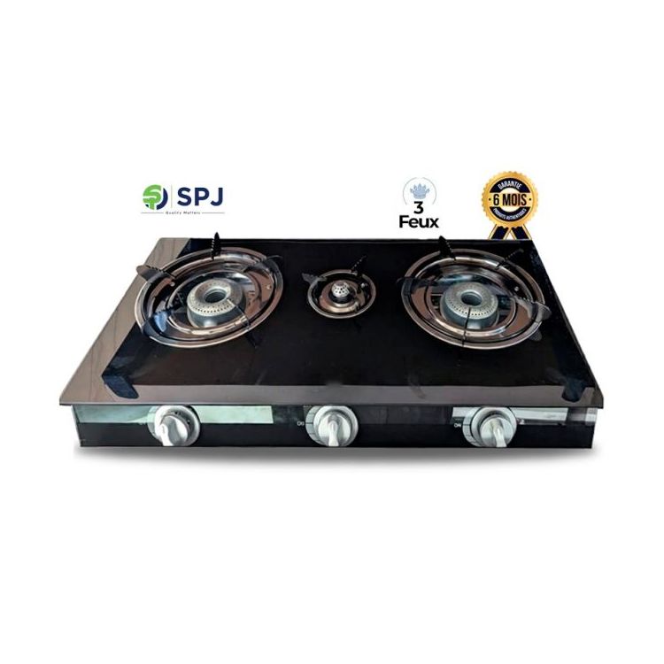 Plaque à Gaz 3 Feux SPJ TT-SSZ3004 – Surface Verre Trempé Anti-rayures – Allumage Automatique – Grilles Fonte Émaillée – Châssis Anti-rouille – Pression 2800 Pa – Noir – Garantie 6 mois