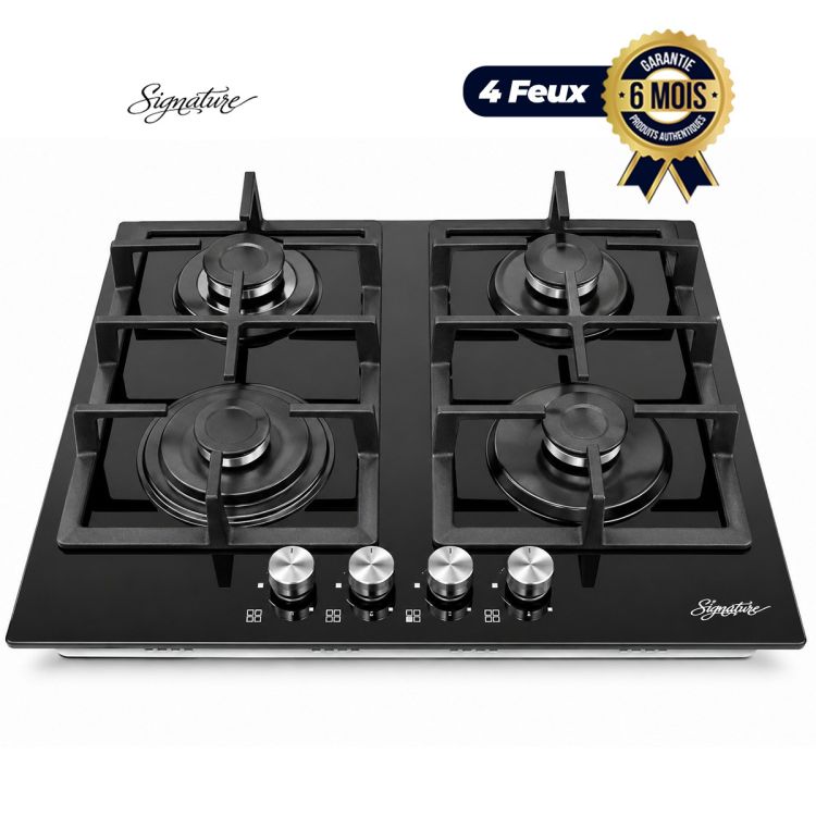 Plaque à gaz encastrable Signature 602VG – 60×60 cm – 4 feux – Allumage automatique – Verre trempé noir – Grilles en fonte – Commandes inox frontales – Garantie 6 mois
